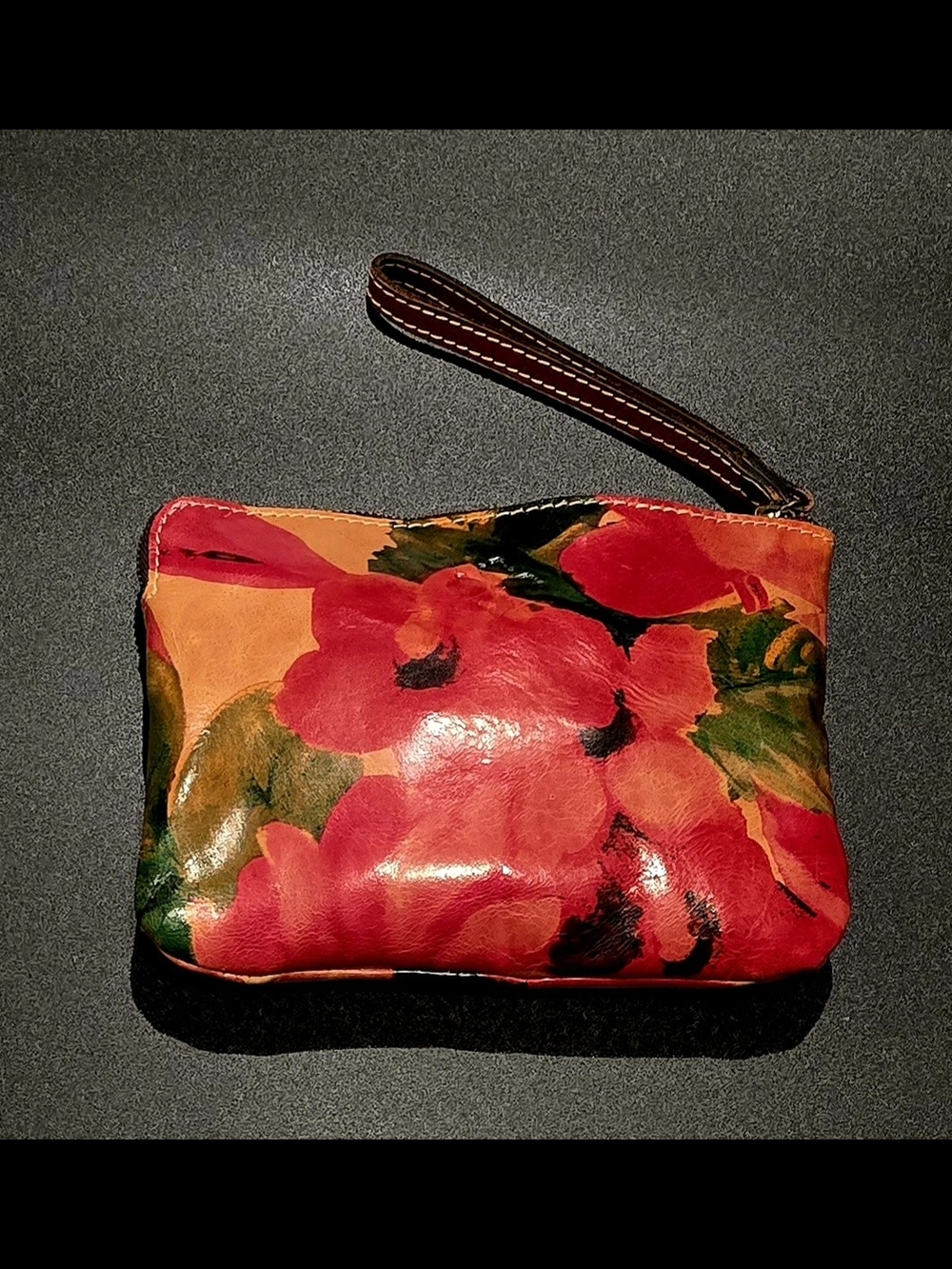 Patricia Nash Red Floral Leather Wristlet with Brown Strap
